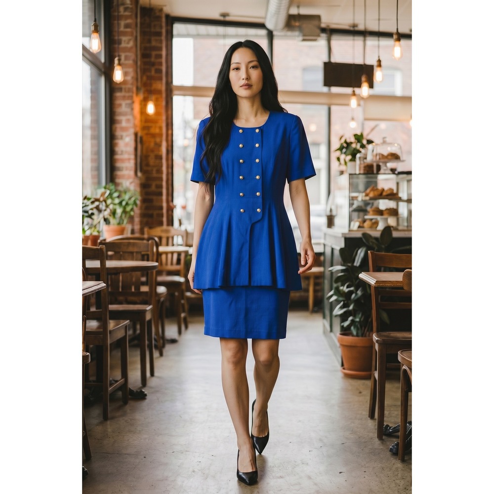 Danny & Nicole Royal Blue Peplumโ Sheath Dress Gold Buttons Vintage Size 12 USA